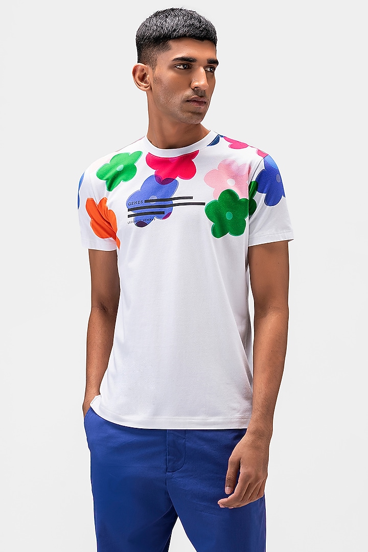 White Cotton Jersey Printed T-Shirt by Genes Lecoanet Hemant Men at Pernia's Pop Up Shop