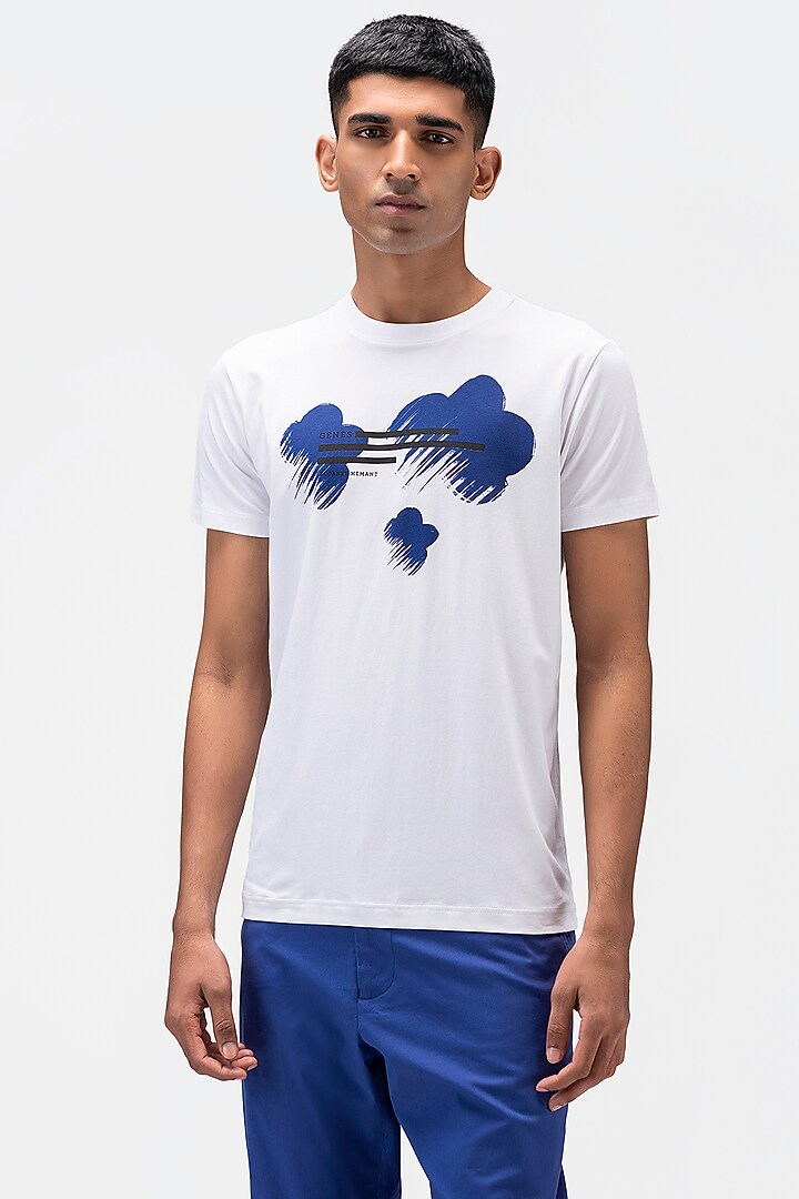 White Cotton Jersey Printed T-Shirt by Genes Lecoanet Hemant Men at Pernia's Pop Up Shop