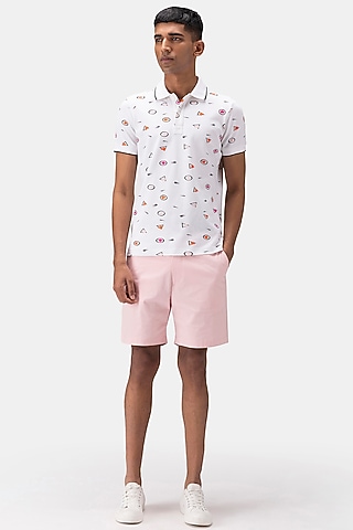 White Cotton Pique Printed Polo T-Shirt by Genes Lecoanet Hemant Men