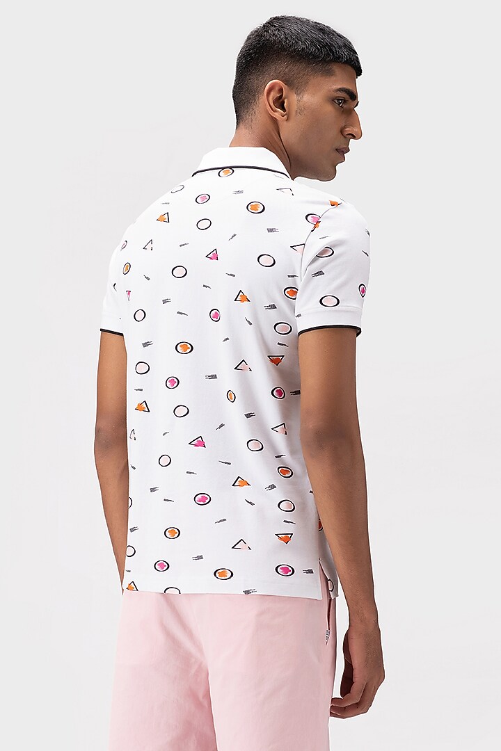 White Cotton Pique Printed Polo T-Shirt by Genes Lecoanet Hemant Men at Pernia's Pop Up Shop