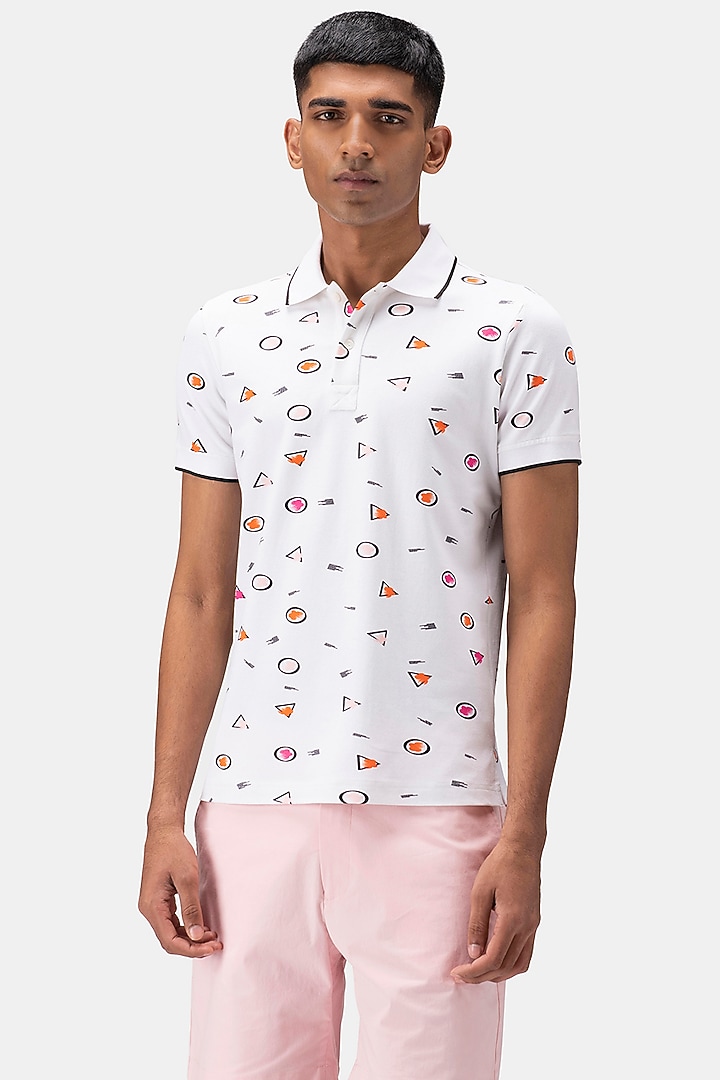 White Cotton Pique Printed Polo T-Shirt by Genes Lecoanet Hemant Men at Pernia's Pop Up Shop