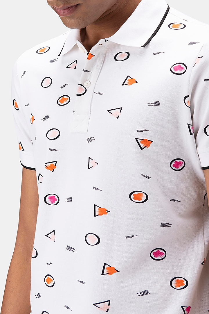 White Cotton Pique Printed Polo T-Shirt by Genes Lecoanet Hemant Men at Pernia's Pop Up Shop