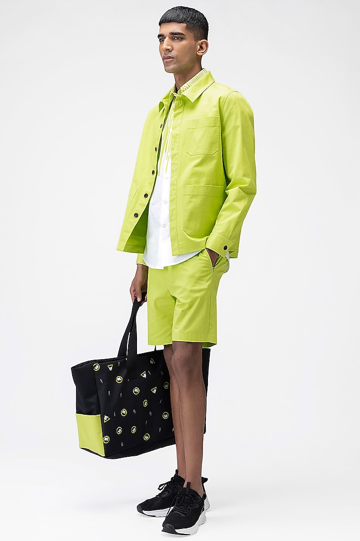 Lime Green Cotton Twill Jacket by Genes Lecoanet Hemant Men