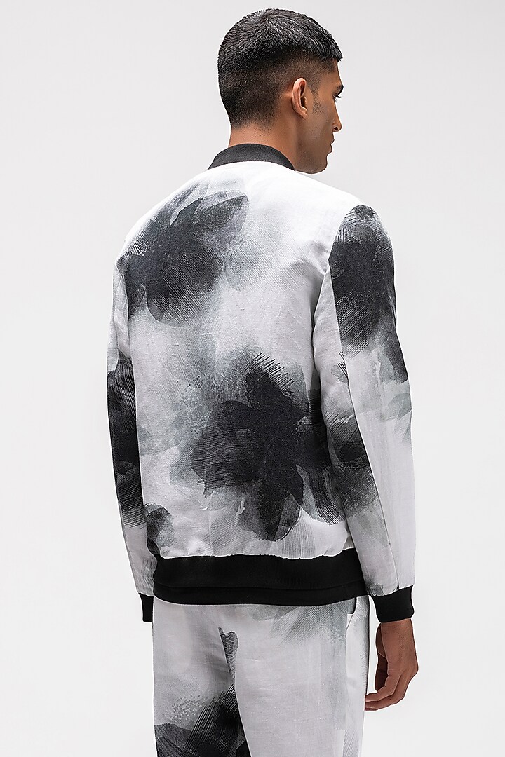 White Linen Herringbone Printed Bomber Jacket by Genes Lecoanet Hemant Men at Pernia's Pop Up Shop