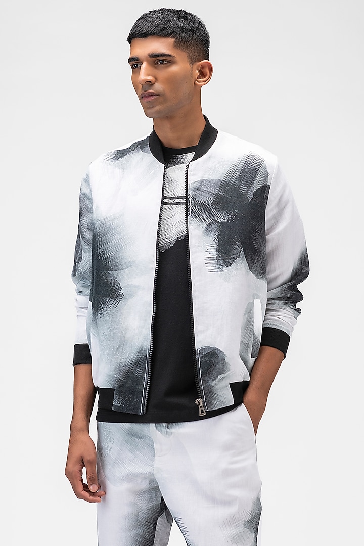 White Linen Herringbone Printed Bomber Jacket by Genes Lecoanet Hemant Men at Pernia's Pop Up Shop