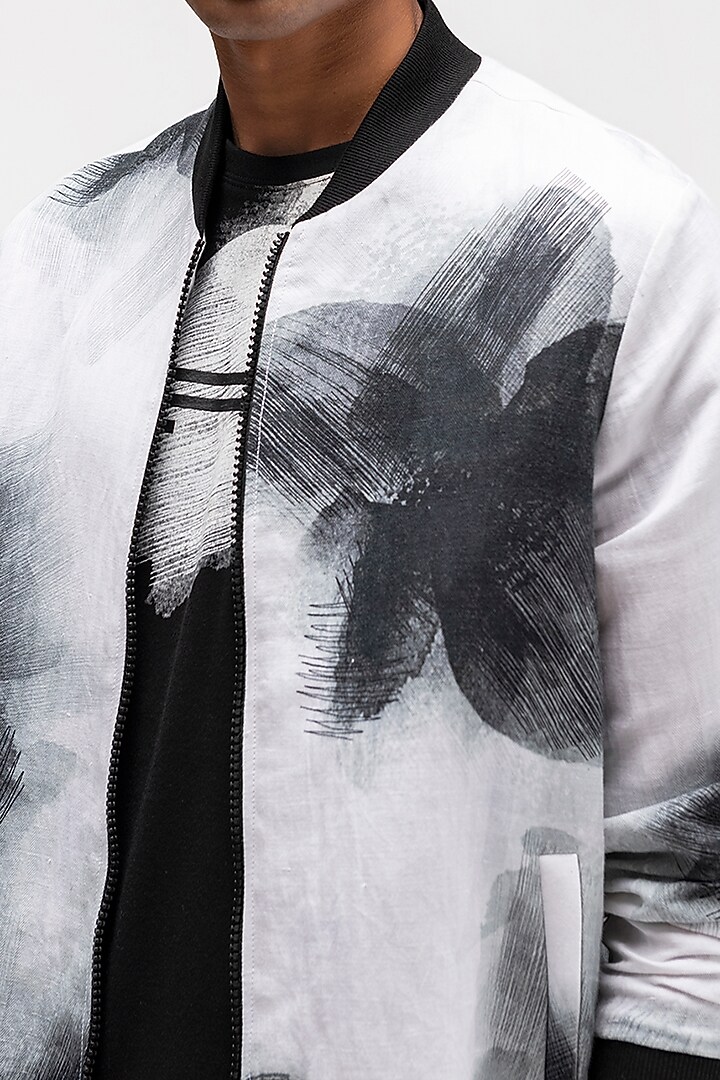 White Linen Herringbone Printed Bomber Jacket by Genes Lecoanet Hemant Men at Pernia's Pop Up Shop