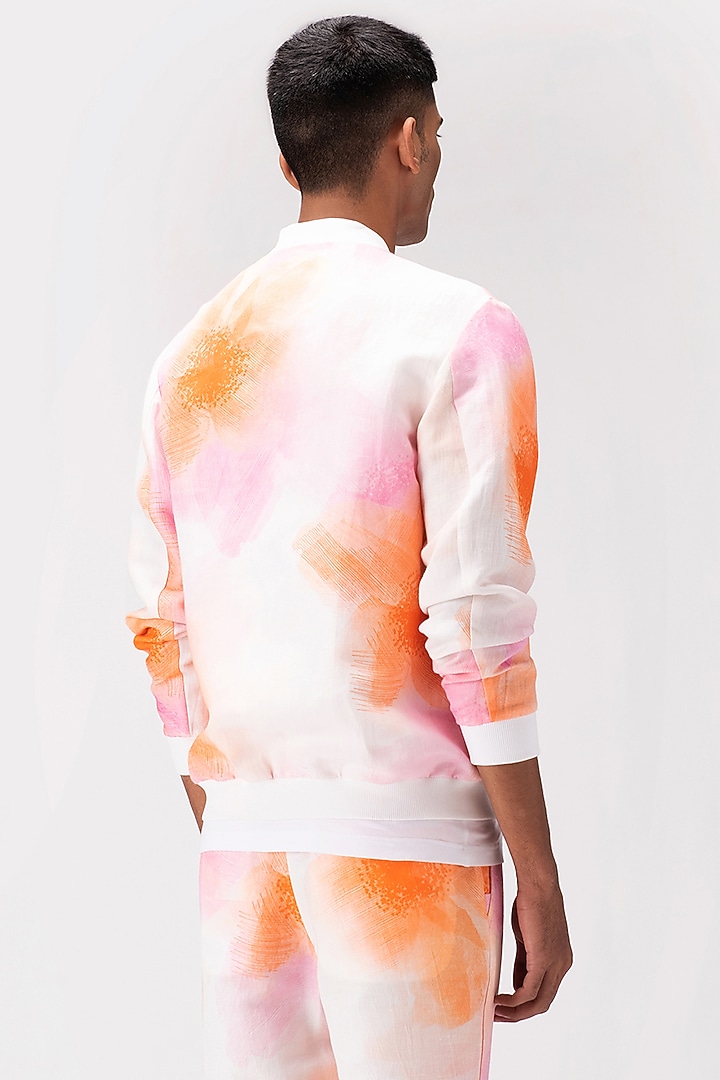 White Linen Herringbone Printed Bomber Jacket by Genes Lecoanet Hemant Men at Pernia's Pop Up Shop
