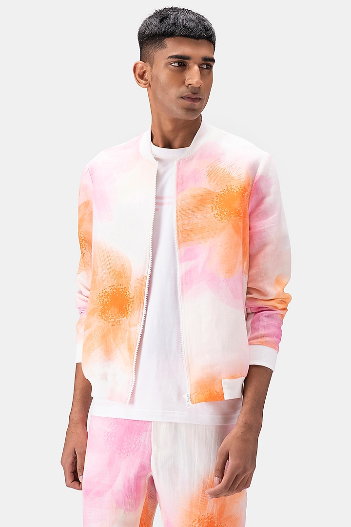 White Linen Herringbone Printed Bomber Jacket by Genes Lecoanet Hemant Men at Pernia's Pop Up Shop