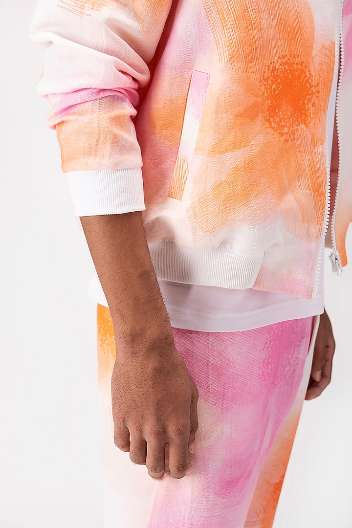 White Linen Herringbone Printed Bomber Jacket by Genes Lecoanet Hemant Men at Pernia's Pop Up Shop