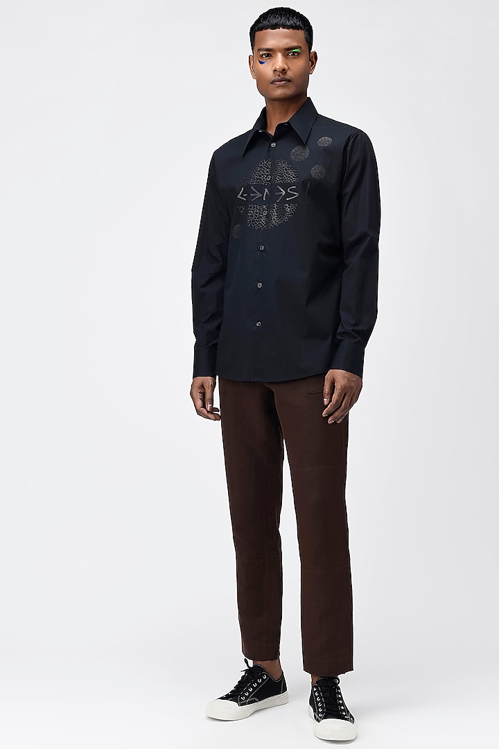 Black Typography Embroidered Shirt by Genes Lecoanet Hemant Men