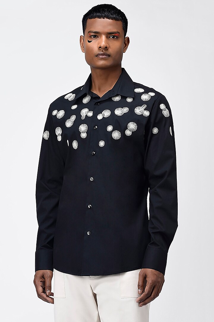 Black Polka Dot Embroidered Shirt by Genes Lecoanet Hemant Men
