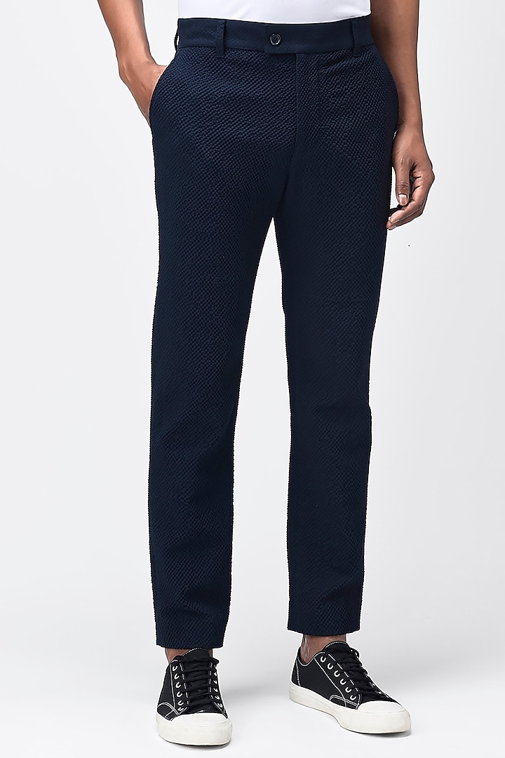 Navy Blue Seersucker Pants by Genes Lecoanet Hemant Men