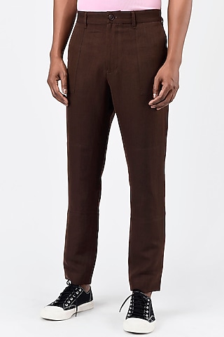 Umber Brown Herringbone Pants by Genes Lecoanet Hemant Men