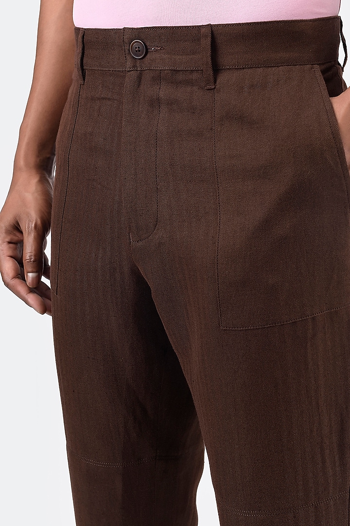 Umber Brown Herringbone Pants by Genes Lecoanet Hemant Men at Pernia's Pop Up Shop