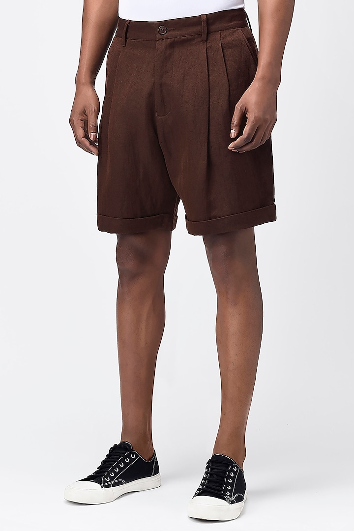 Umber Brown Herringbone Shorts by Genes Lecoanet Hemant Men