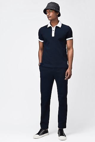 Navy Blue Seersucker Polo T-Shirt by Genes Lecoanet Hemant Men