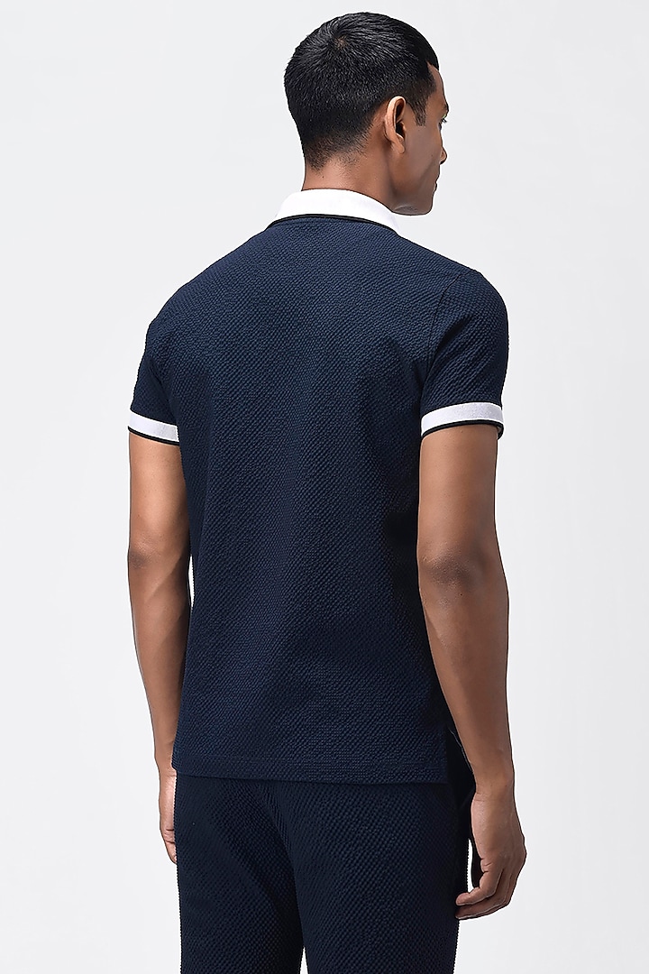 Navy Blue Seersucker Polo T-Shirt by Genes Lecoanet Hemant Men at Pernia's Pop Up Shop
