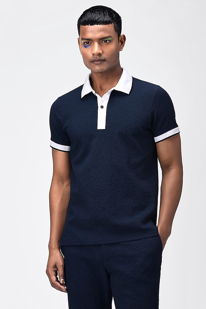 Navy Blue Seersucker Polo T-Shirt by Genes Lecoanet Hemant Men at Pernia's Pop Up Shop