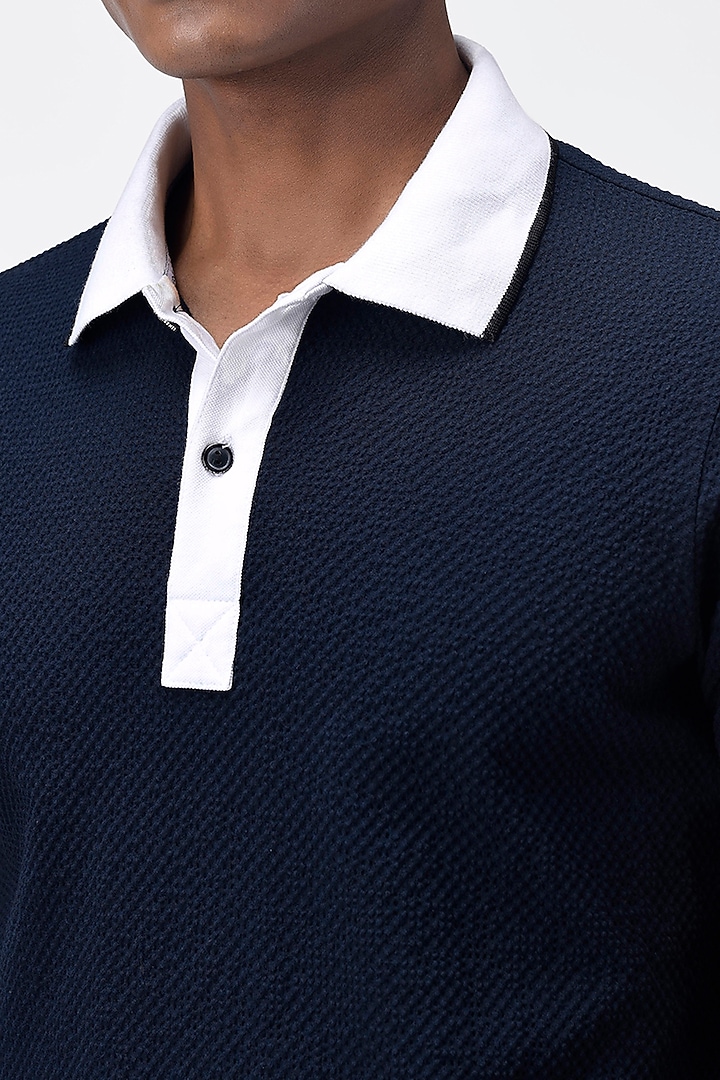 Navy Blue Seersucker Polo T-Shirt by Genes Lecoanet Hemant Men at Pernia's Pop Up Shop