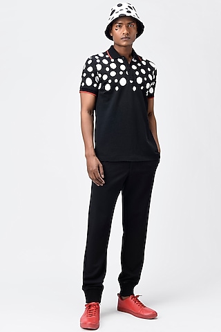 Black Printed Polo T-Shirt by Genes Lecoanet Hemant Men
