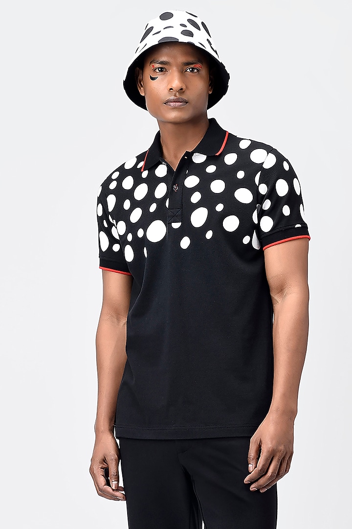 Black Printed Polo T-Shirt by Genes Lecoanet Hemant Men at Pernia's Pop Up Shop