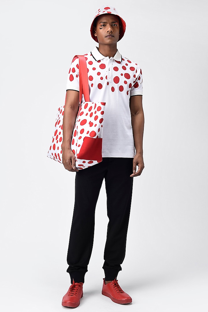White & Red Printed Polo T-Shirt by Genes Lecoanet Hemant Men