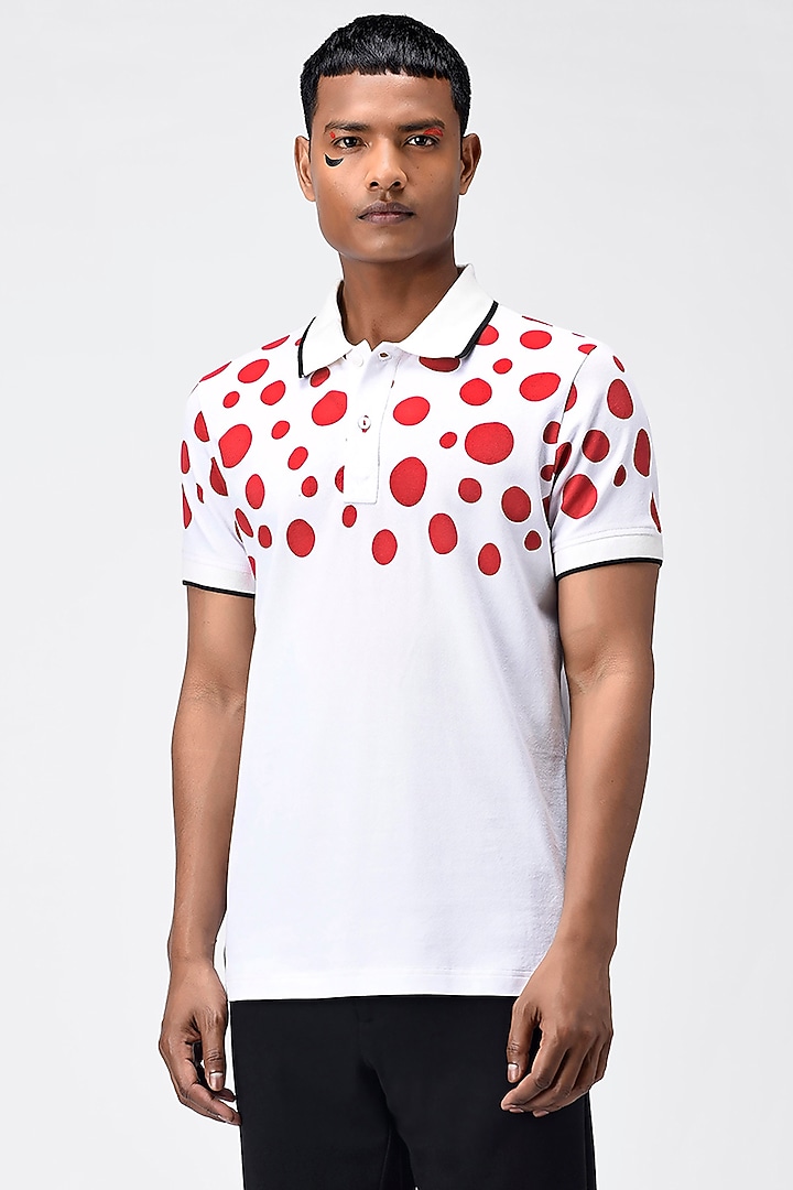 White & Red Printed Polo T-Shirt by Genes Lecoanet Hemant Men at Pernia's Pop Up Shop