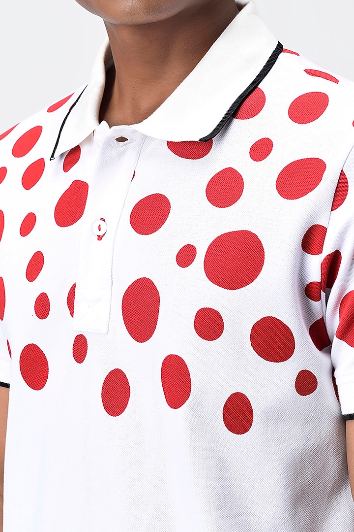 White & Red Printed Polo T-Shirt by Genes Lecoanet Hemant Men at Pernia's Pop Up Shop