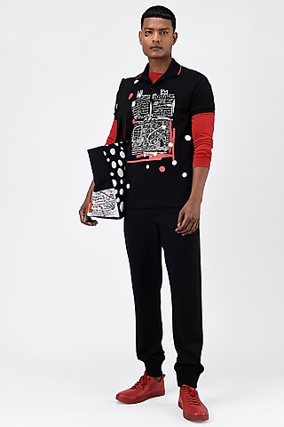Black Pique Printed Polo T-Shirt by Genes Lecoanet Hemant Men