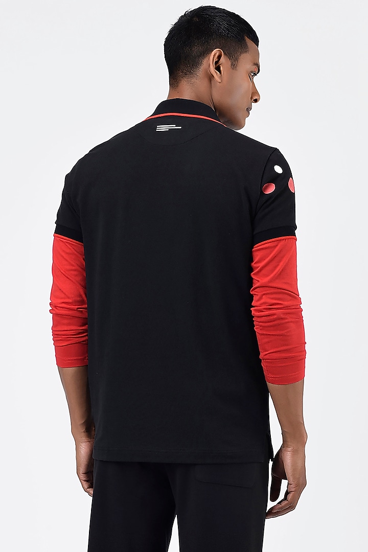 Black Pique Printed Polo T-Shirt by Genes Lecoanet Hemant Men at Pernia's Pop Up Shop