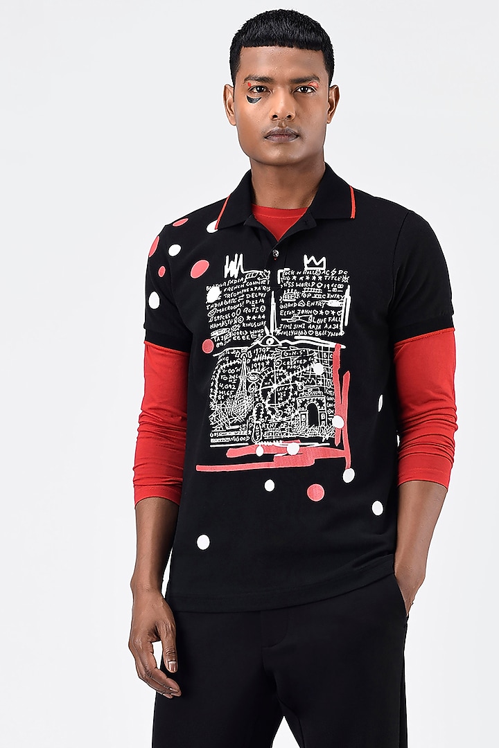 Black Pique Printed Polo T-Shirt by Genes Lecoanet Hemant Men at Pernia's Pop Up Shop
