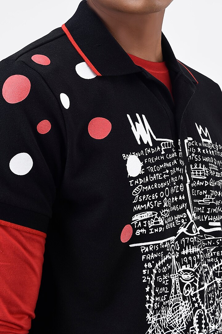 Black Pique Printed Polo T-Shirt by Genes Lecoanet Hemant Men at Pernia's Pop Up Shop