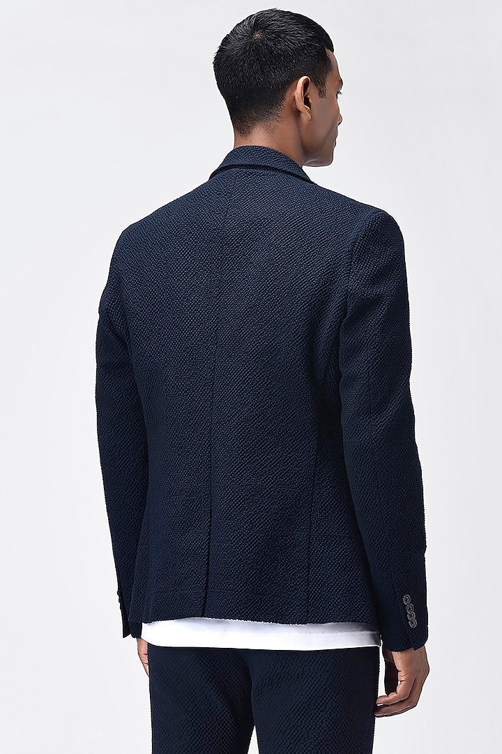 Navy Blue Printed Blazer by Genes Lecoanet Hemant Men at Pernia's Pop Up Shop
