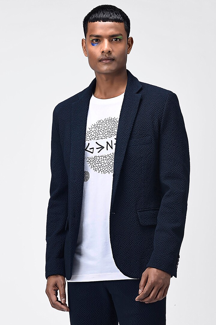 Navy Blue Printed Blazer by Genes Lecoanet Hemant Men at Pernia's Pop Up Shop