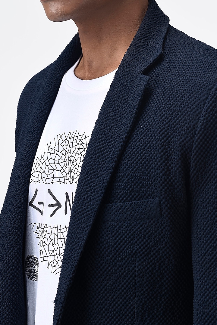 Navy Blue Printed Blazer by Genes Lecoanet Hemant Men at Pernia's Pop Up Shop