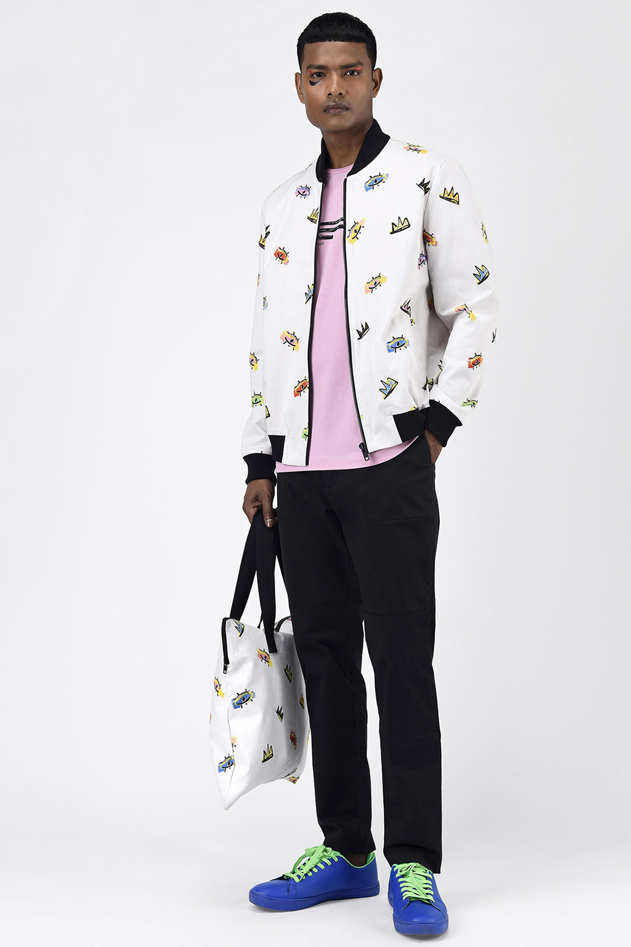 White Printed Bomber Jacket by Genes Lecoanet Hemant Men