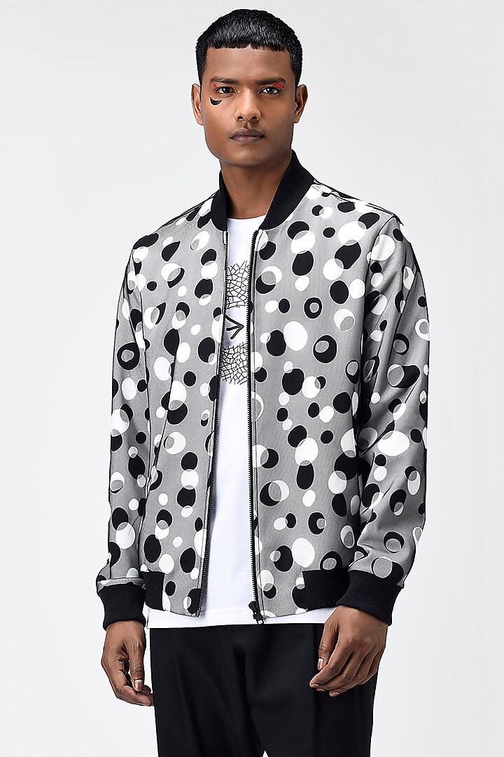 White Tulle Printed Bomber Jacket by Genes Lecoanet Hemant Men at Pernia's Pop Up Shop