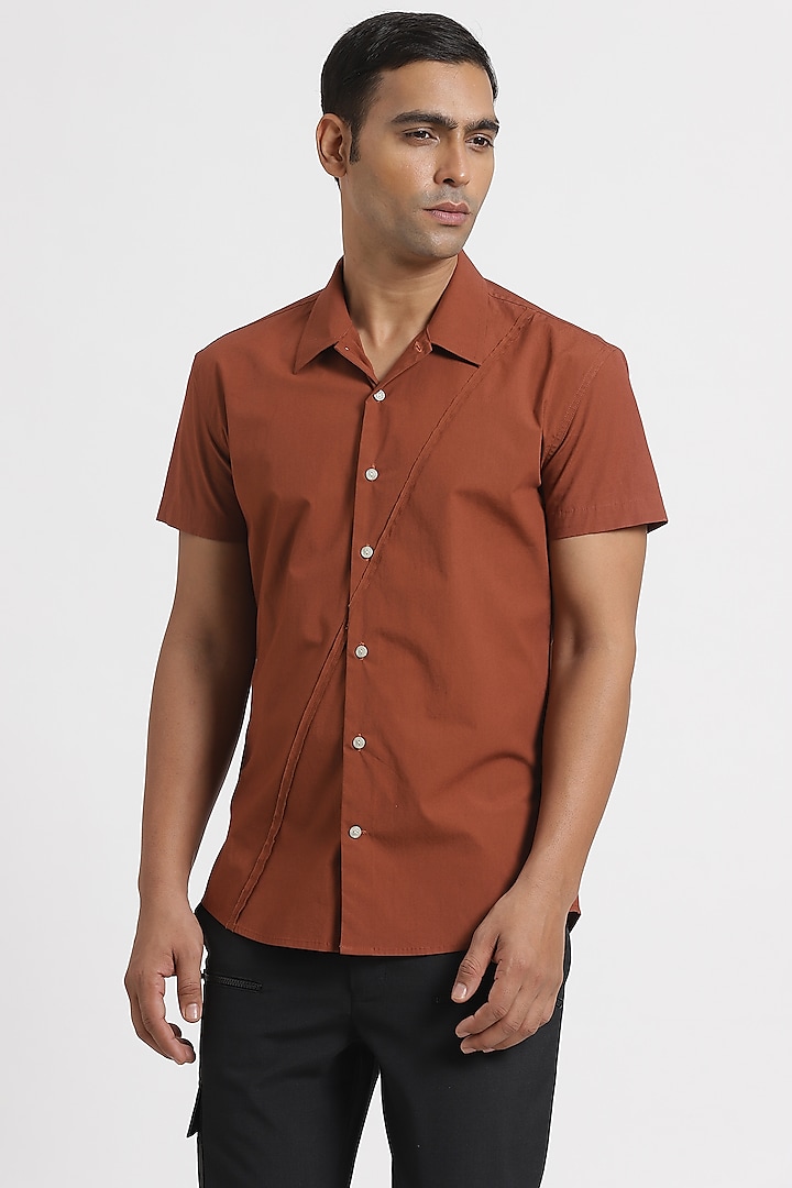 Cinnamon Cotton Lycra Shirt by Genes Lecoanet Hemant Men