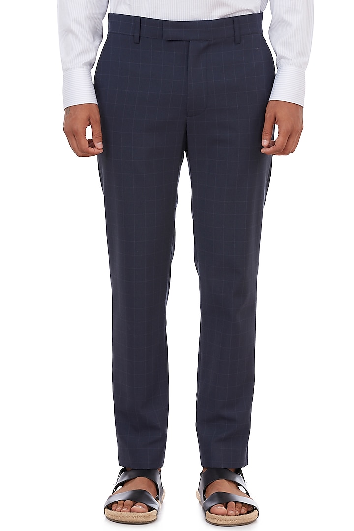 Blue Checkered Trousers by Genes Lecoanet Hemant Men