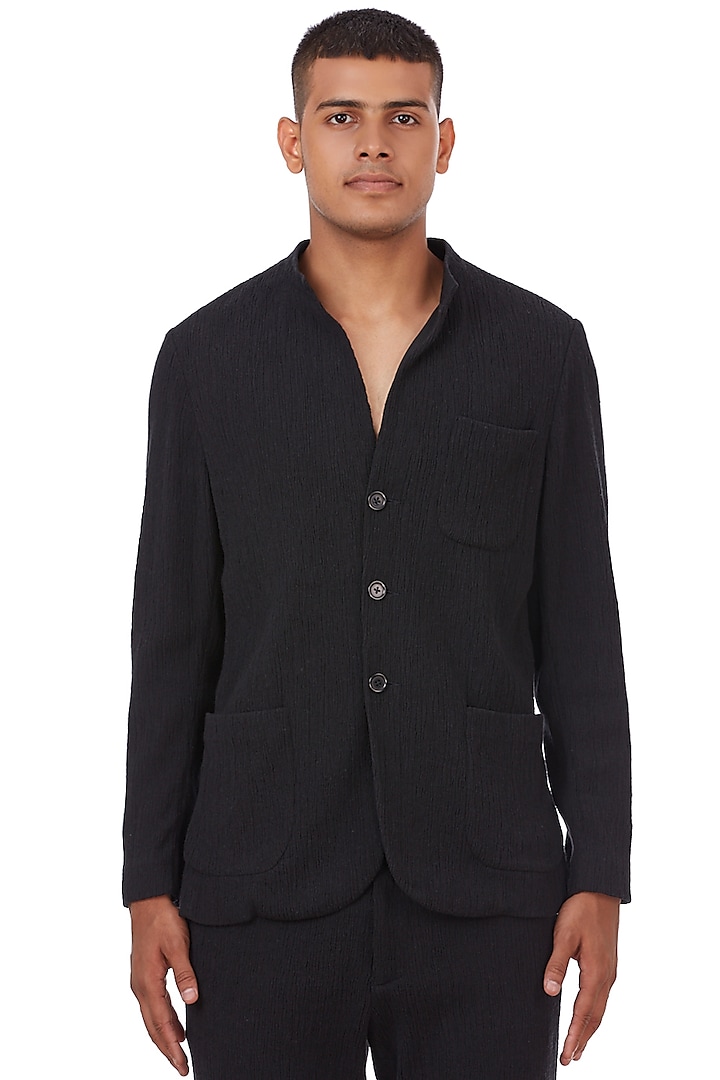 Black Cotton Crinkle Jacket by Genes Lecoanet Hemant Men