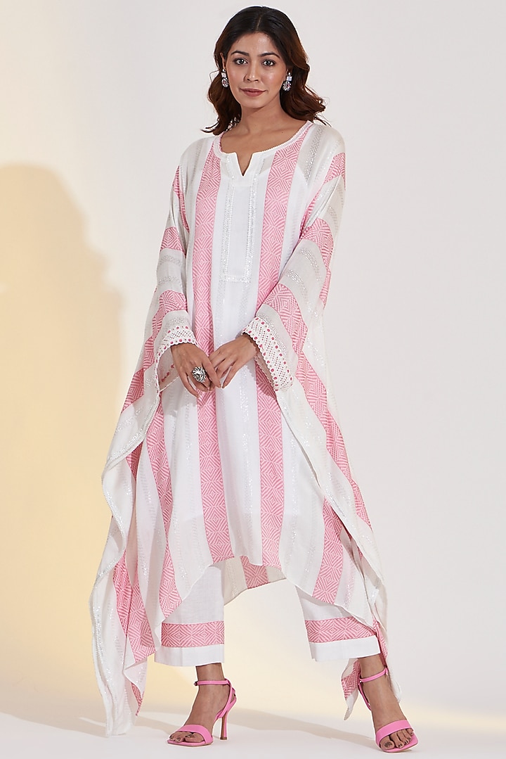 Ivory & Pink Striped Kaftan Set by Glittire by Sakshi Verma at Pernia's Pop Up Shop