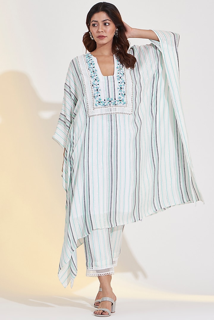 Ivory & Mint Embroidered Kaftan Set by Glittire by Sakshi Verma at Pernia's Pop Up Shop