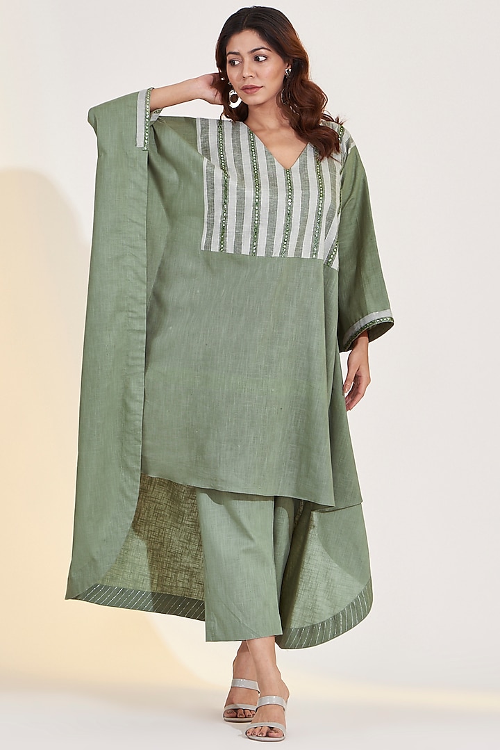Sage Green Cotton Linen Embroidered High-low Kurta Set by Glittire by Sakshi Verma