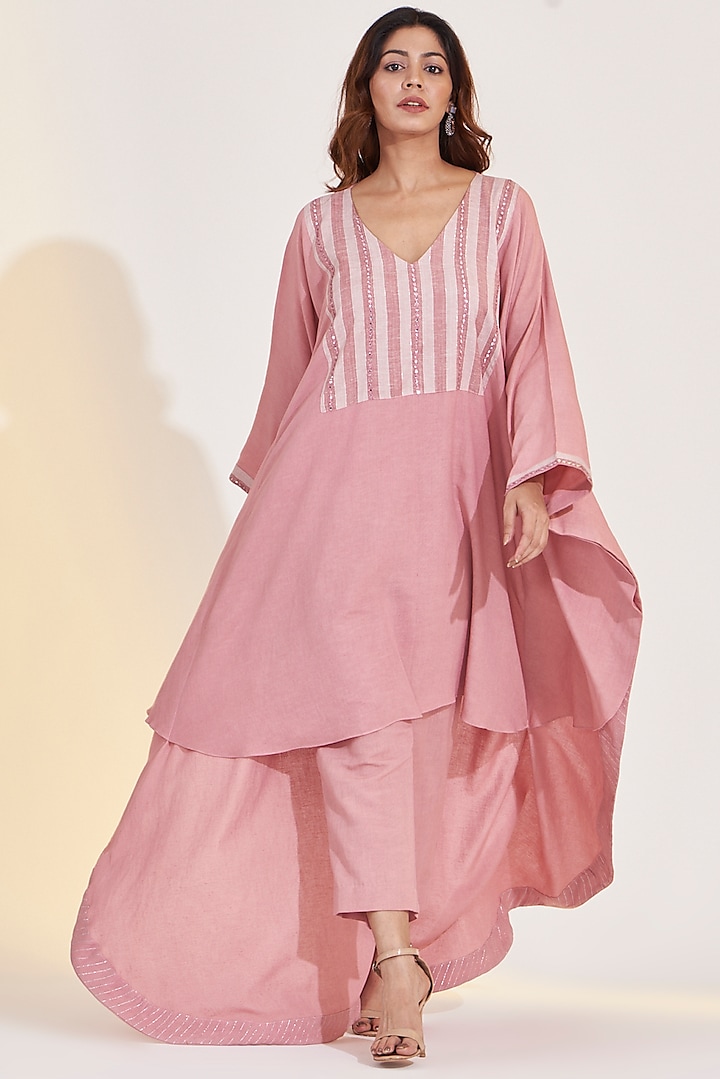 Rose Pink Cotton Linen Embroidered High-low Kurta Set by Glittire by Sakshi Verma at Pernia's Pop Up Shop