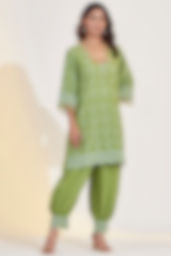 Mint Green Cotton Linen Embroidered Kurta Set by Glittire by Sakshi Verma at Pernia's Pop Up Shop