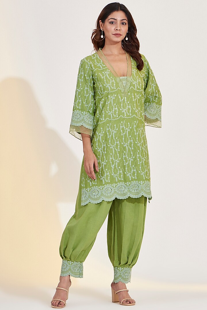 Mint Green Cotton Linen Embroidered Kurta Set by Glittire by Sakshi Verma at Pernia's Pop Up Shop