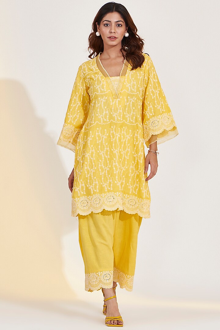 Sunshine Yellow Cotton Linen Embroidered Kurta Set by Glittire by Sakshi Verma at Pernia's Pop Up Shop