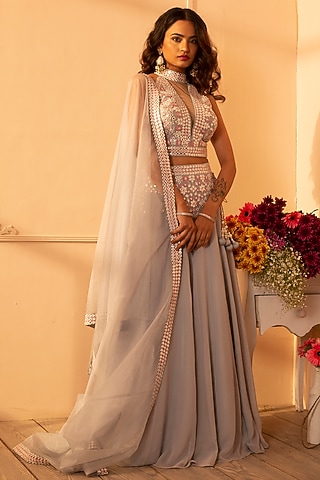 Grey Embroidered Lehenga Set by Glittire by Sakshi Verma