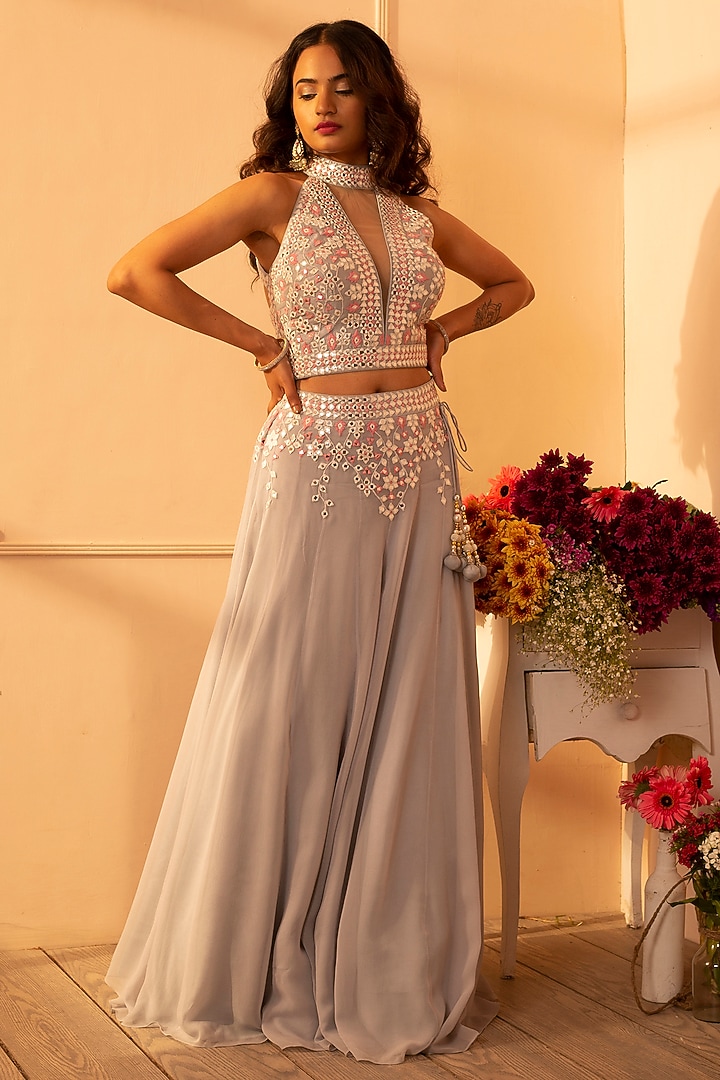 Grey Embroidered Lehenga Set by Glittire by Sakshi Verma at Pernia's Pop Up Shop