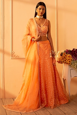 Peach Embroidered Lehenga Set by Glittire by Sakshi Verma